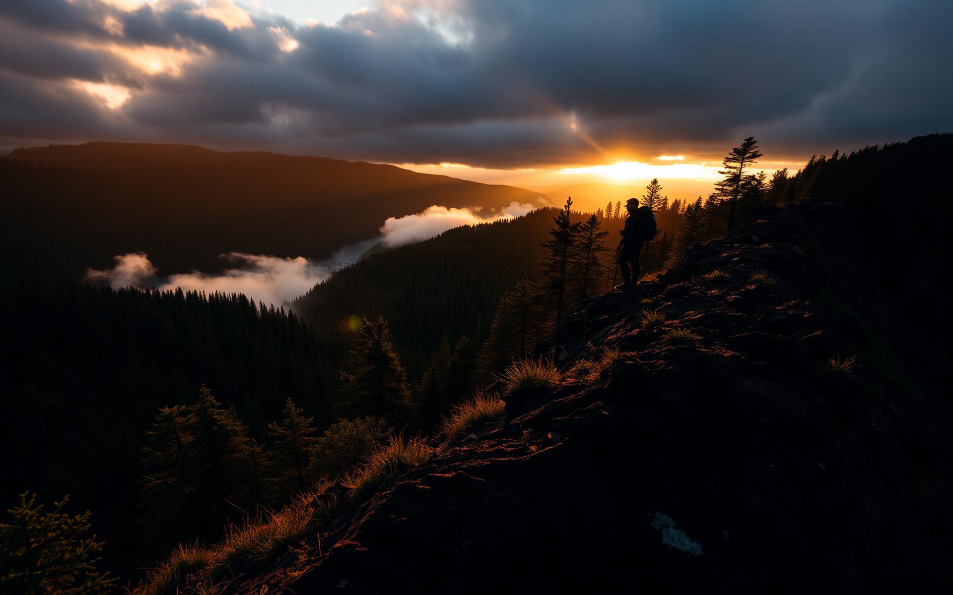Adventurer on a mountain ridge at sunrise